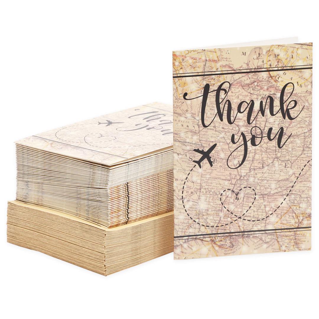 48 Pack Travel Thank You Cards with Envelopes, 4x6 Notecards with Airplane, Map, and Adventure Design (Brown)