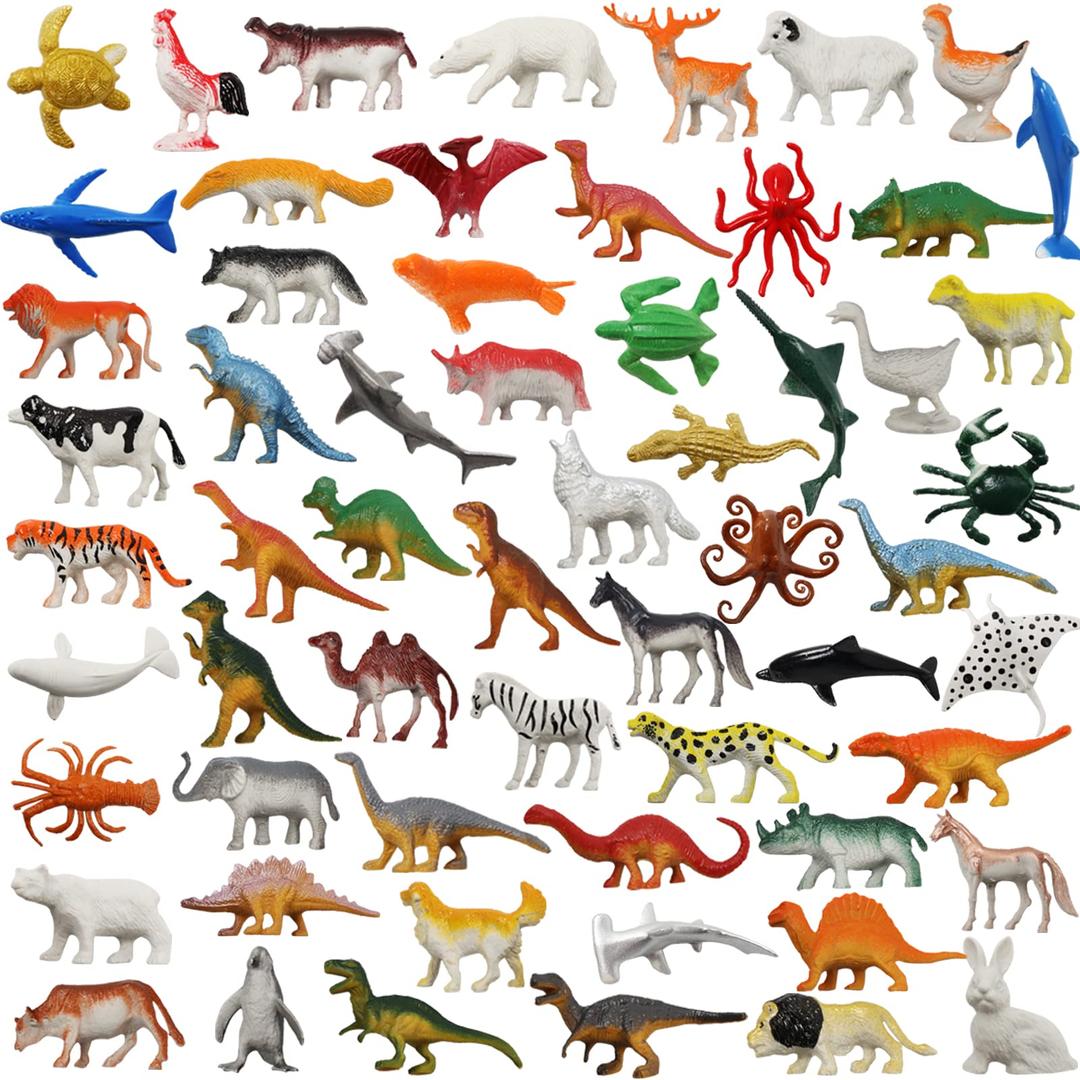 Animal Toys, 60 Pcs Assorted Dinosaur Ocean Sea Animal Farm Animal Jungle Animal Wild Animals Dinosaurs Figure Realistic Plastic Zoo Play Set Small Toys for Kids Cupcake Topper Party Favors