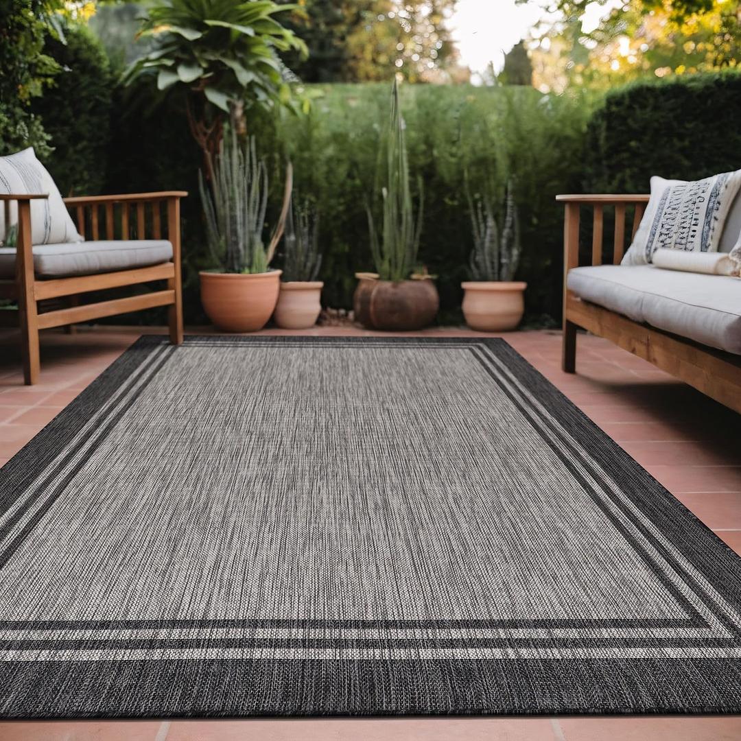 Bordered Outdoor Rug 5x7 Washable Outside Carpet for Indoor Patio Porch Waterproof Easy Cleaning Non Shedding Area Rugs Dark Gray 5 x 7