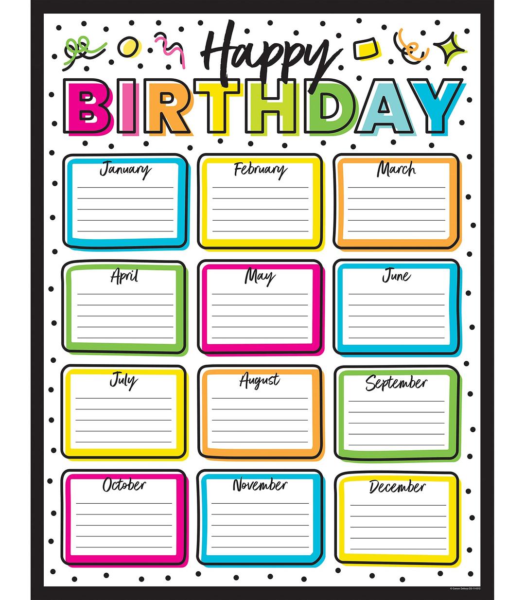 Carson Dellosa Kind Vibes Birthday Chart—Colorful Monthly Student Birthday Tracker, Happy Birthday Bulletin Board Decor With Confetti and Polka Dots (17" x 22")