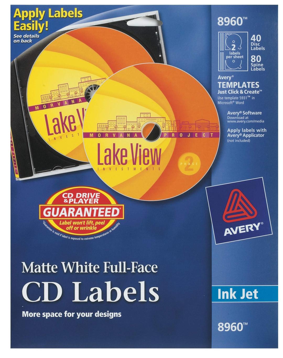 AVERYCD Labels, Print to The Edge, Permanent Adhesive, Matte, 40 Disc Labels and 80 Spine Labels (8960)