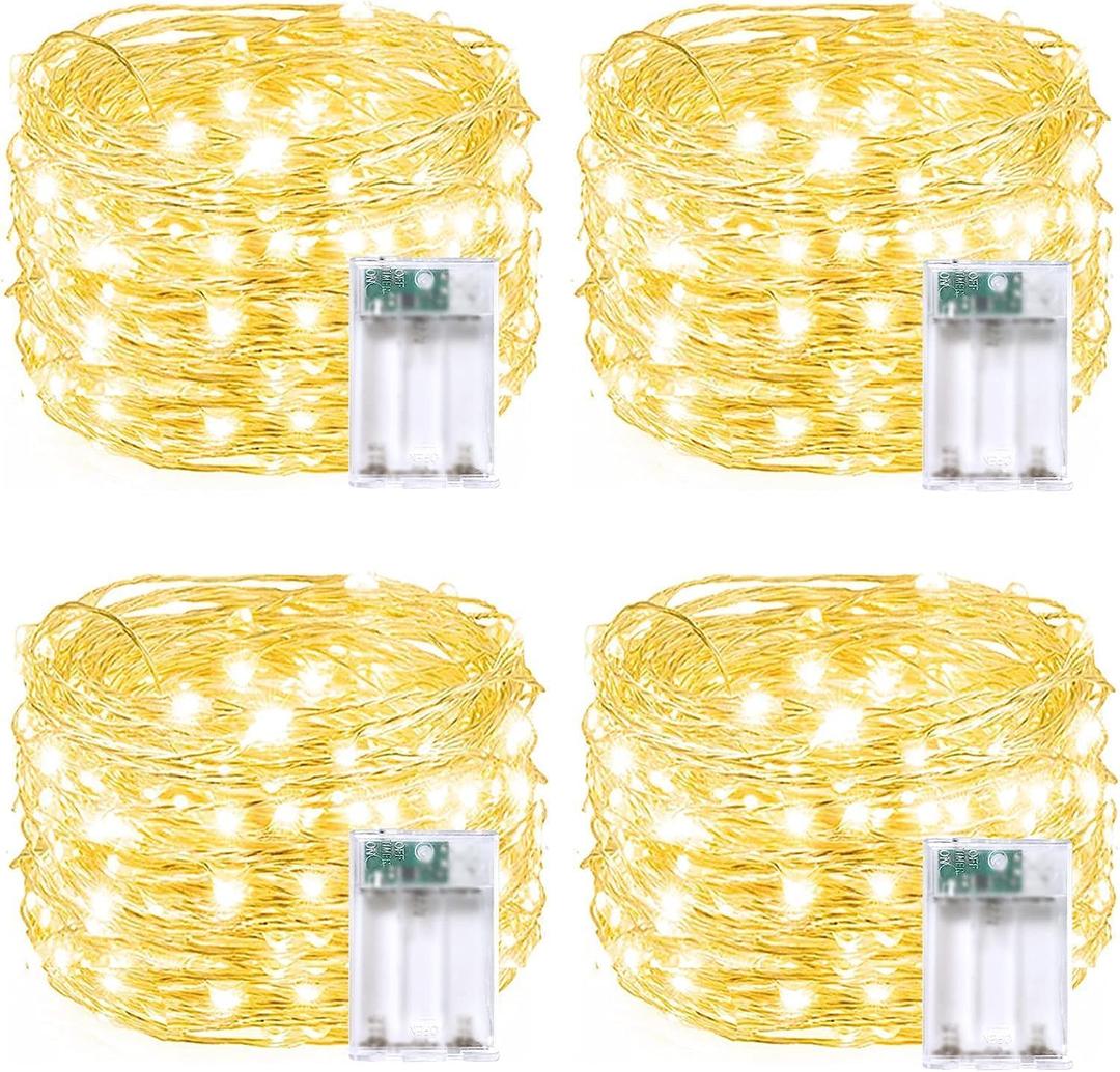 4 Pack 20FT 60LED Fairy Lights Battery Operated, Waterproof Christmas String Lights with Timer, Battery Twinkle Lights for Bedroom Christmas Tree Decorations (Warm White)