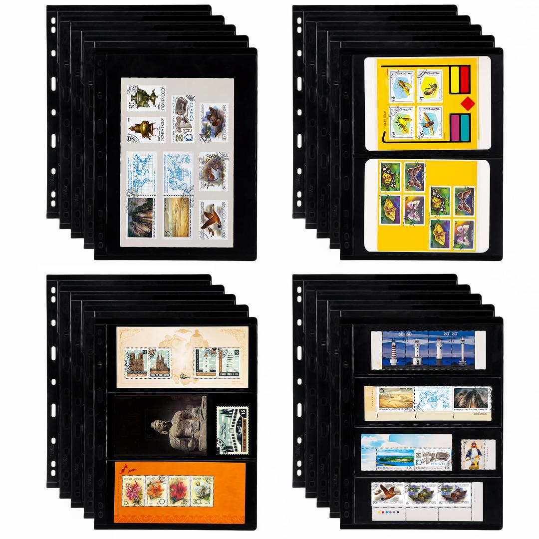 Elsjoy 20 Sheets 40 Pages Stamp Album Pages, 9-Hole Stamp Collection Inserts Double Sided Stamp Pages for Stamp Album Binder, Stamp Collecting Album Sheets for Stamp Display, 4 Mixed Sizes