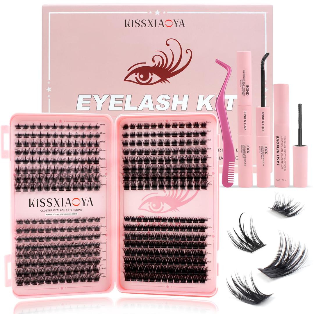 Individual Eyelashes Kit, 392Pcs 4 Styles D Curl Mix9-16mm Soft Natural Cluster Lashes, with Eyelash Glue & Tweezers, DIY Lash Extensions for Christmas, Valentine's Day, Anniversary (Eyelash Book Kit)