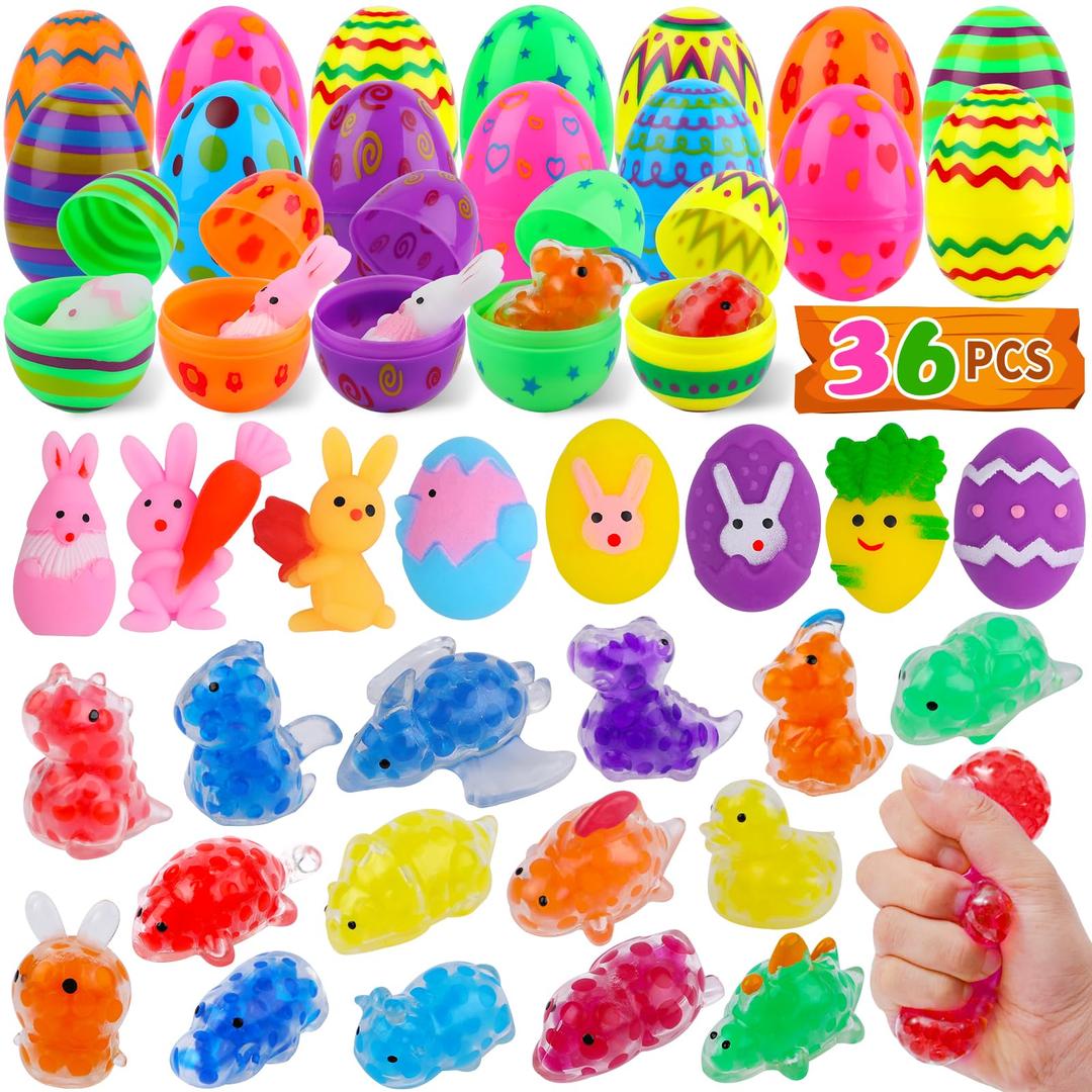 Quanquer 36 Pack Prefilled Easter Eggs with Squishy Toys Inside Plastic Easter Eggs Filled with Easter Fidget Toys for Toddler Kids Gifts, Easter Basket Stuffers Easter Egg Hunt Party Favors