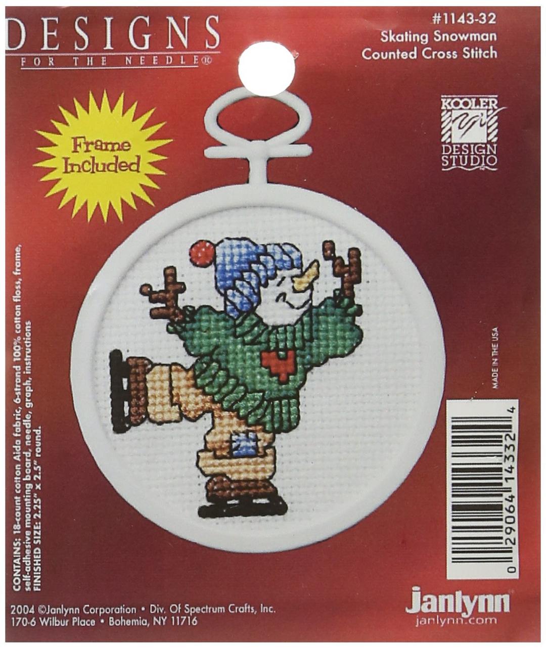 Janlynn 1143-32 18 Count Mini Counted Cross Stitch Kit, 2.5-Inch, Round, Skating Snowman