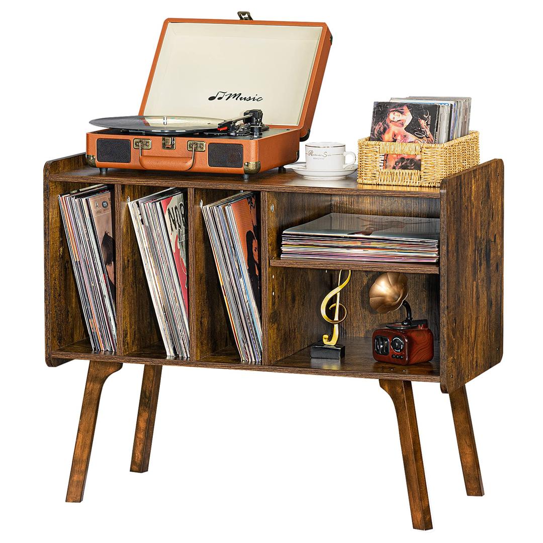 Lerliuo Record Player Stand with 4 Cabinet Holds Up to 220 Albums, Large Turntable Stand with Beech Wood Legs, Mid-Century Record Player Table,Brown Vinyl Holder Storage Shelf for Bedroom Living Room