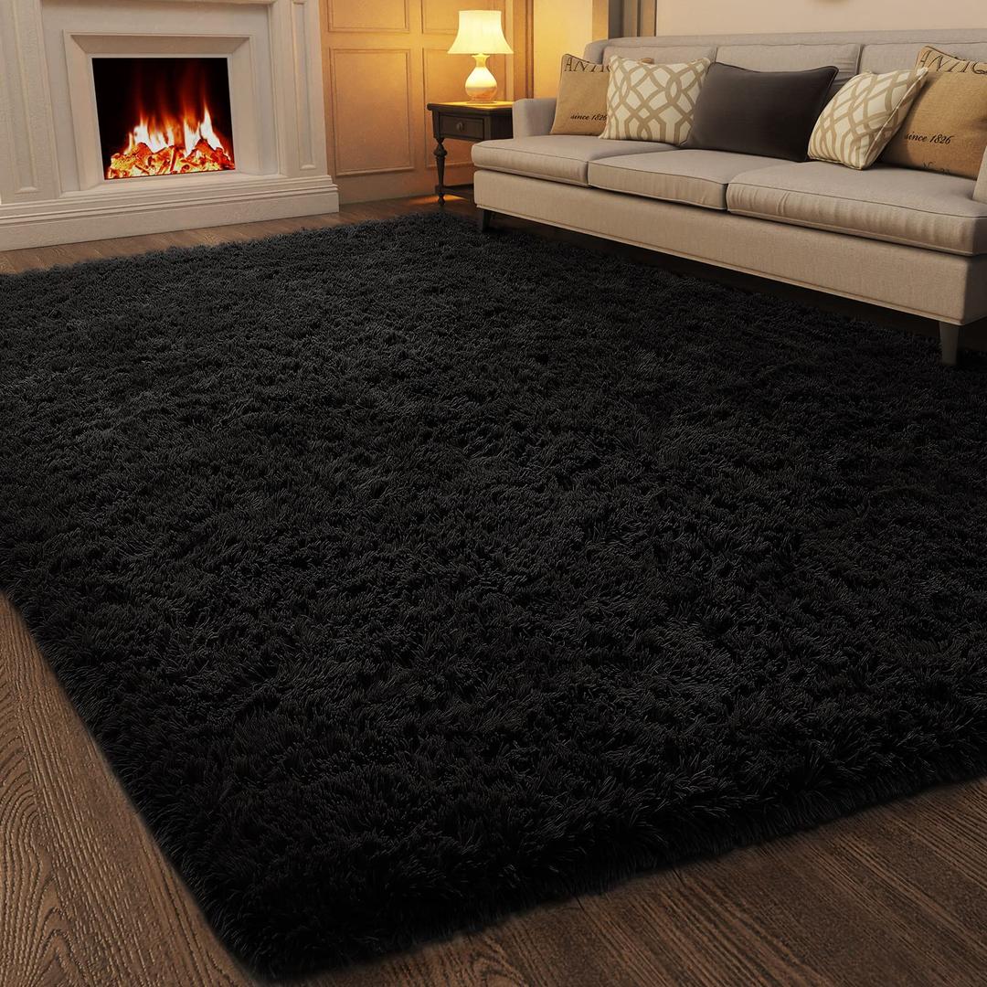 Ophanie Black Area Rugs for Bedroom Living Room, 4x6 Fluffy Fuzzy Shag Shaggy Carpet Soft Plush Furry Bedside Rug, Indoor Floor Rug for Kids Girls Boys Home Decor Aesthetic, Dorm Nursery