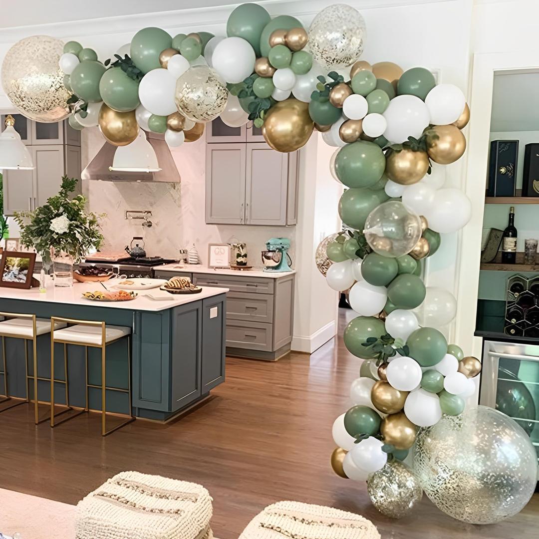 137PCS Sage Green Balloon Garland Arch Kit White Gold Confetti Balloons Retro Green Balloon and Gold Metallic Chrome Latex Balloons for Wedding Birthday Baby Shower Decorations