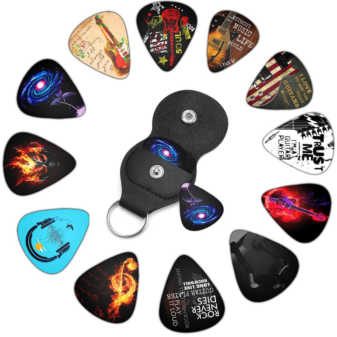 Cool Guitar Picks 12 Medium Pack with Leather Picks Holder,Unique Artistic Personalized Guitar Pick Punch for Electric Guitar Bass Acoustic Guitar Lovers Gift (Medium)