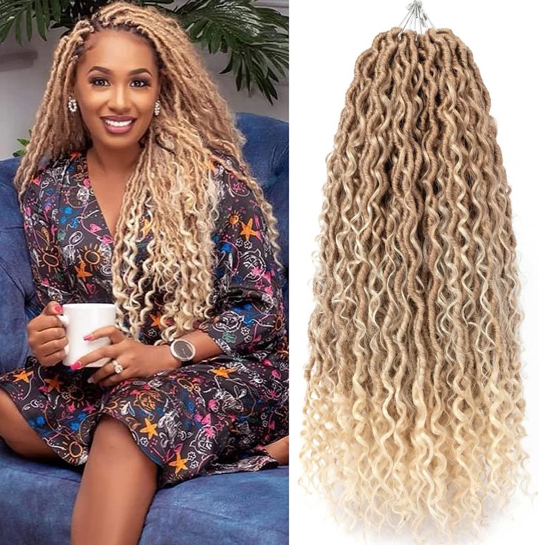 Ahrencan Goddess Faux Locs Crochet Hair,18 Inch Pre looped Goddess Locs Crochet Hair For Women, Ombre Brown&Blonde River Locs, Boho Hippie Locs Crochet Braids With Curly Ends,No Tangle,Light Weight(5 Packs,18",T27/613#)