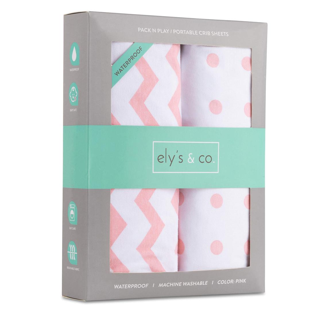 Ely's & Co. Waterproof Sheets, White and Pink Chevron and Polka Dots (2 Pack) (Playard, Pink)