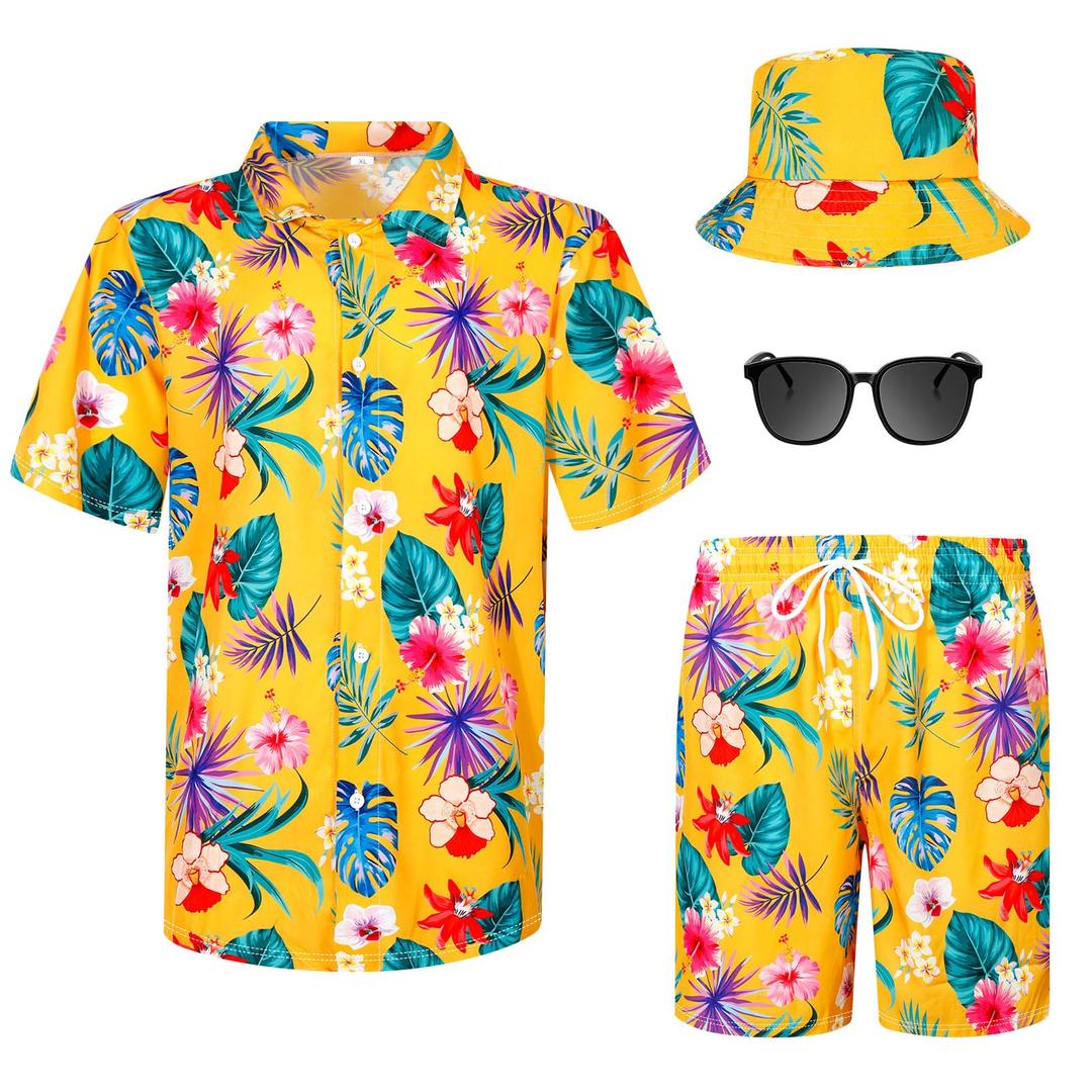 Harloon4Pcs Men's Hawaiian Shirt and Short Set Casual Button Down Summer Beach Flower Outfits with Bucket Hats and Sunglasses