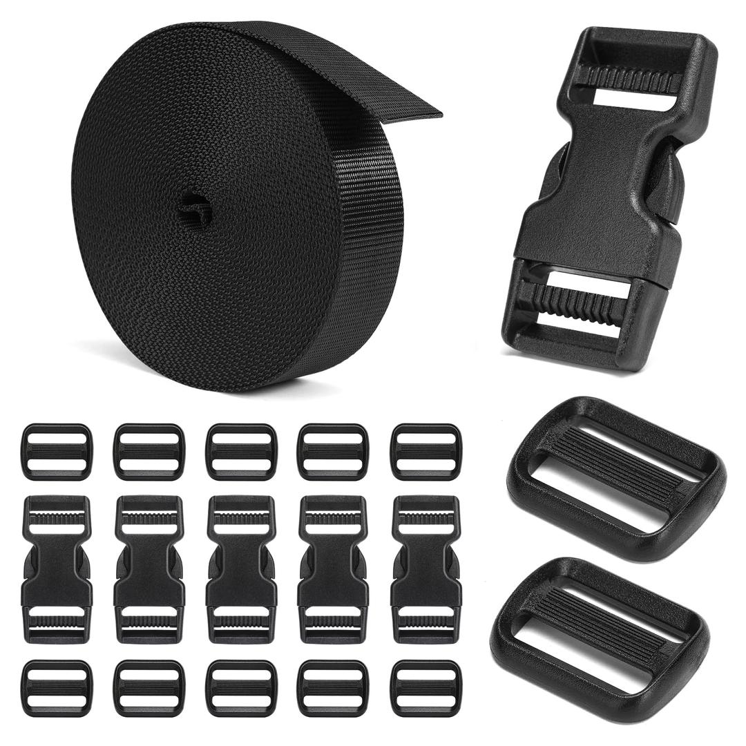 Buckles and Straps Set 1": 6 Yards of Thick Nylon Webbing, 6-Pack Heavy Duty Adjustable Quick Side Release Plastic Buckles, 12 Tri-Glide Slide Clips, Black (1-Inch Combo Set)