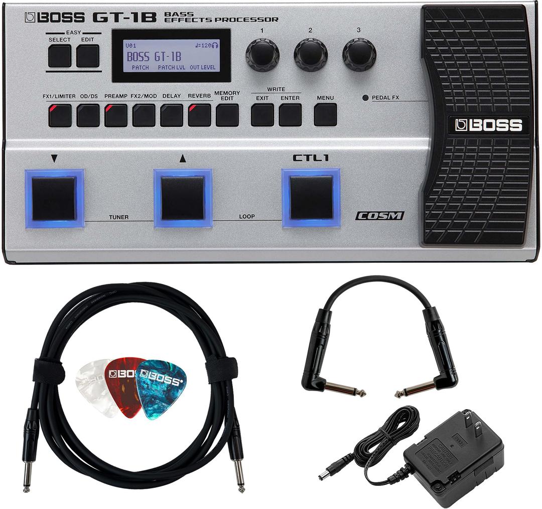 Boss GT-1B Bass Effects Processor Bundle with Power Supply, Instrument Cable, Patch Cable, and Picks