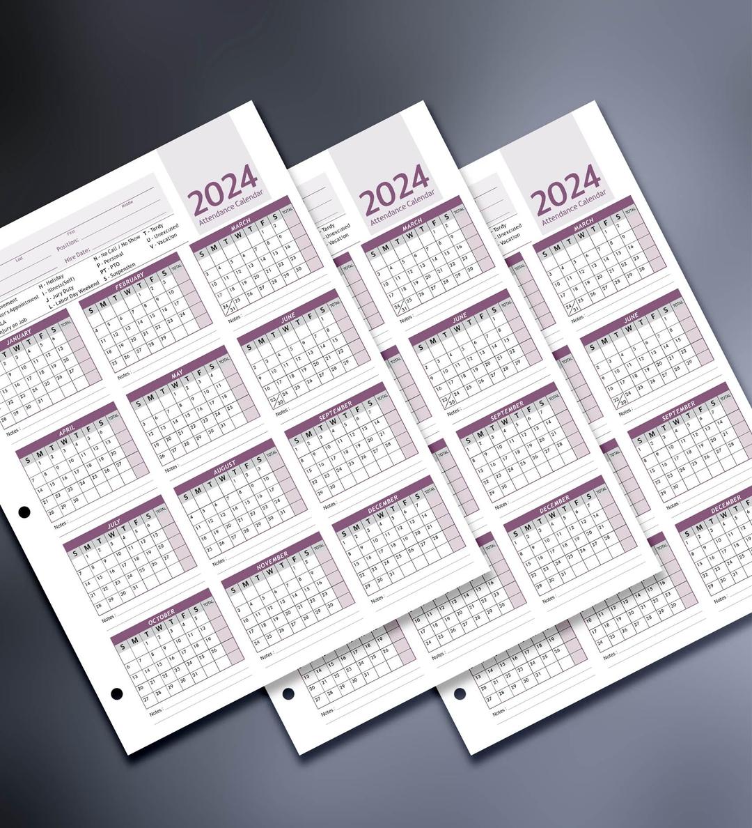 Attendance Calendar Employee Card Attendance Record Tracker 2024, Heavy 100lb Cardstock Paper 8.5 x 11 inches (Purple, Pack of 25 Sheets)