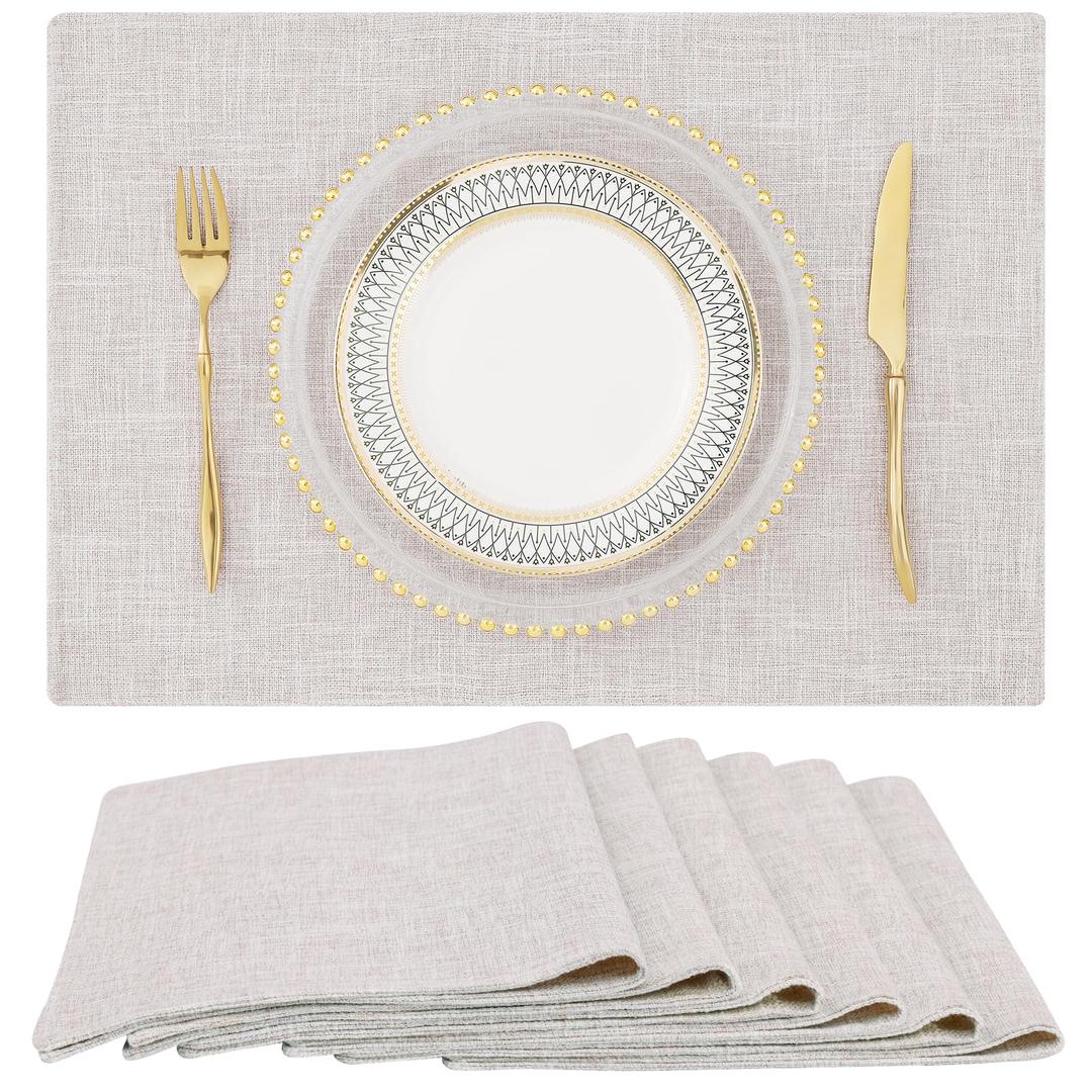 homing Neutral Beige Cloth Placemats Set of 6 – Cotton Linen Blend Washable Farmhouse Dining Table Mats for Indoors & Outdoors, Easy to Clean, 13 x 19 Inch