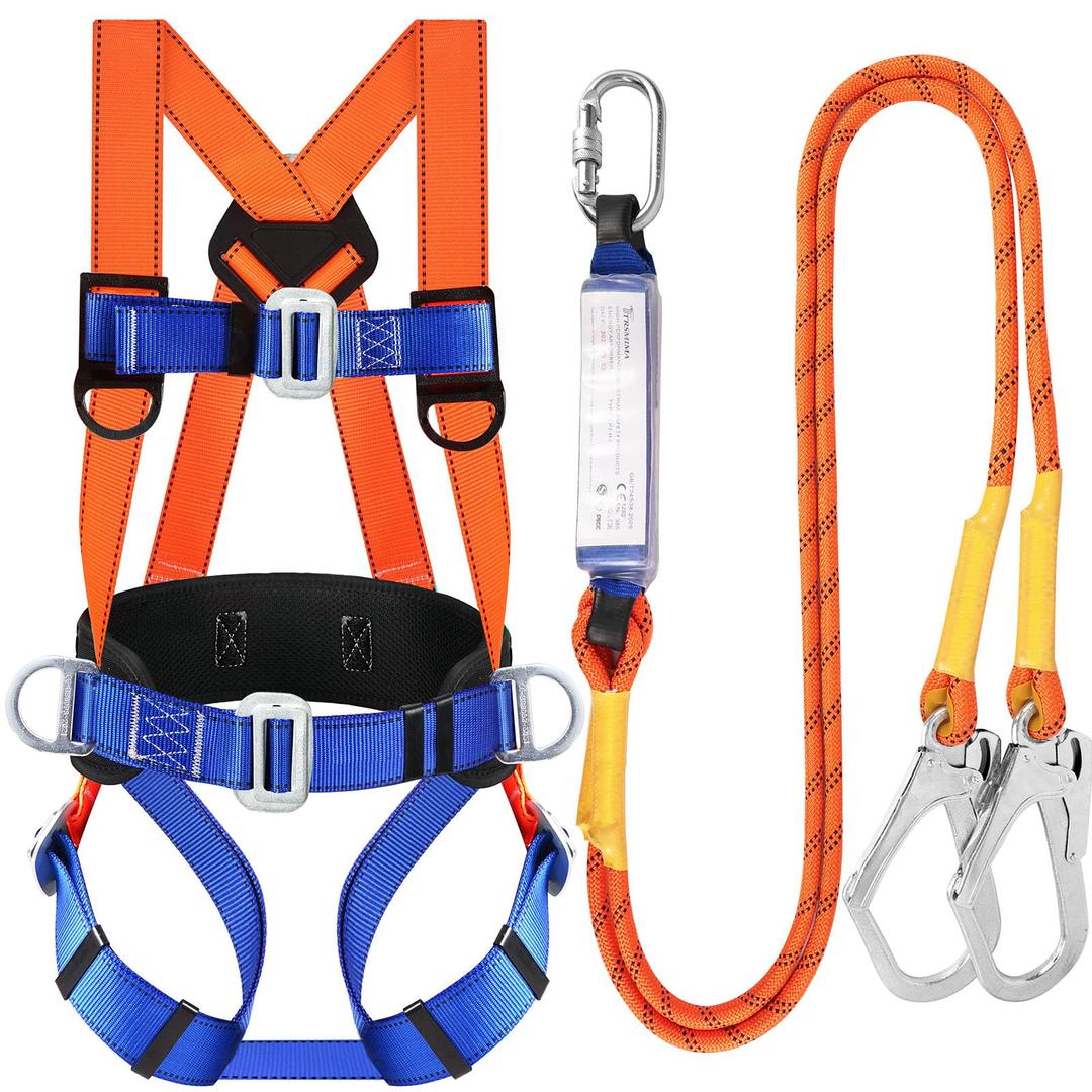 TT TRSMIMASafety Harness Fall Protection Kit: Full Body Roofing harnesses with Shock Absorbing Lanyard - Updated Comfortable Waist Pad