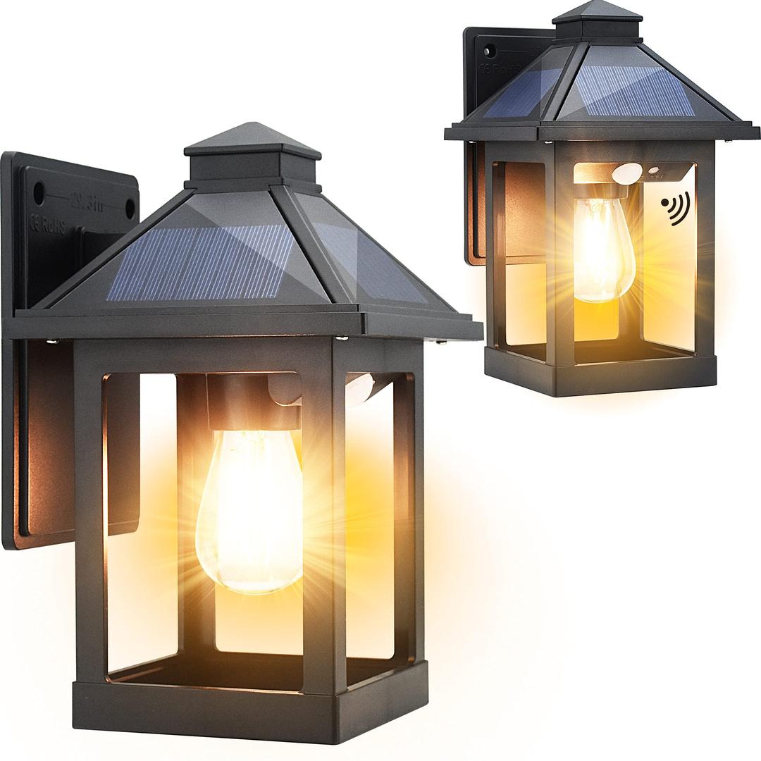 2 Pack Solar Wall Lanterns Outdoor with 3 Modes, Dusk to Dawn Motion Sensor LED Sconce Lights IP65 Waterproof, Exterior Front Porch Security Lamps Wall Mount Patio Fence Garage Decorative