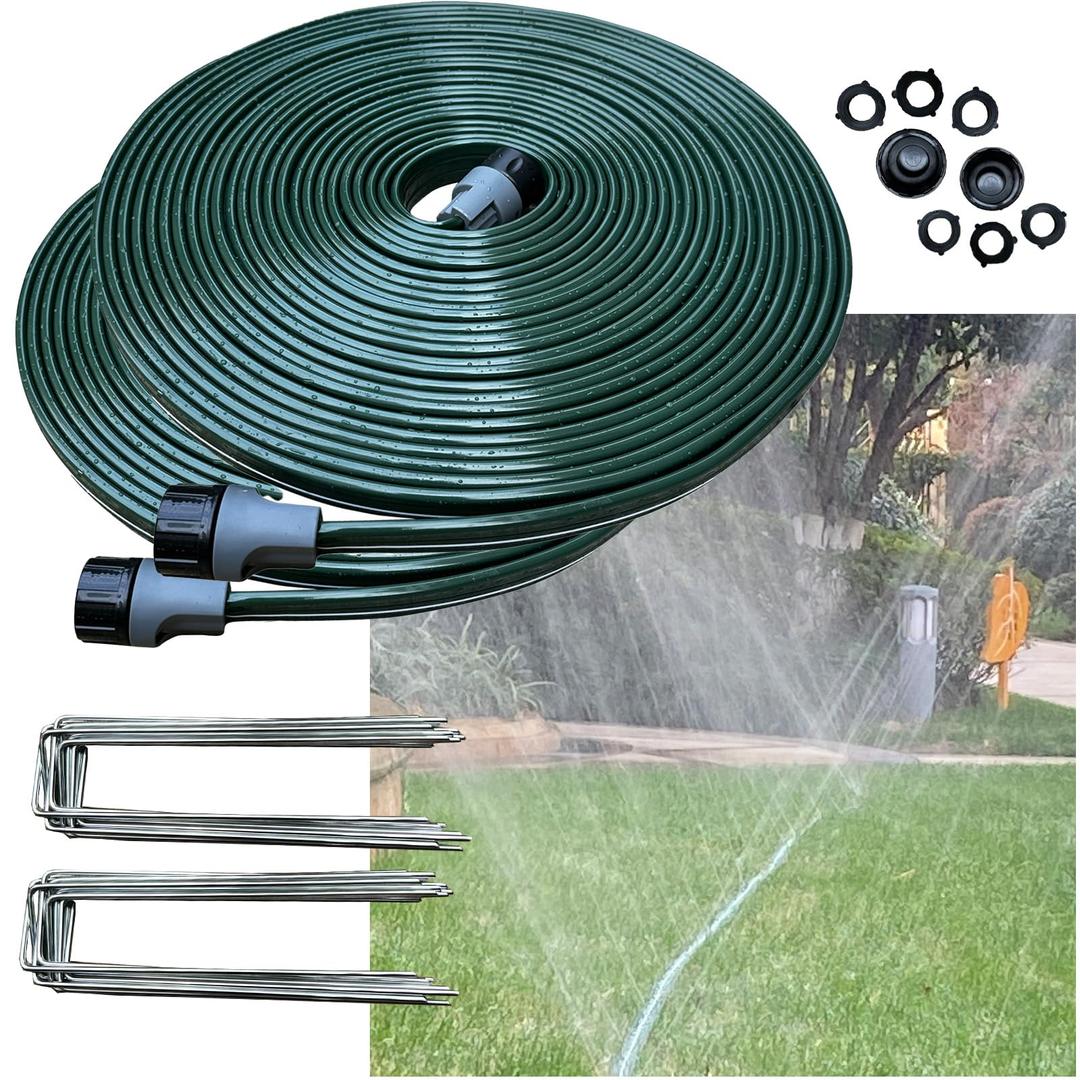 Watoo 2024 100 FT Flat Sprinkler Hose for Lawn Watering Garden Soaker Hose with Holes, Heavy Duty Lightweight No-Kink Water Hose with Stakes, Irrigation Hose, Great Fun for Kids and Dog