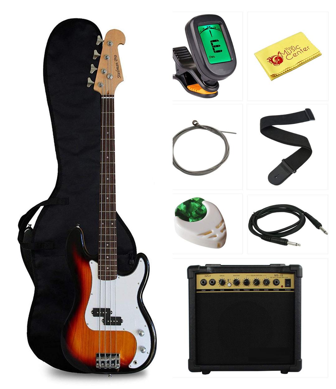 Beginner Series Bass Guitar Bundle with 15-Watt Amp, Gig Bag, Instrument Cable, Strap, Picks, and Polishing Cloth - Sunburst