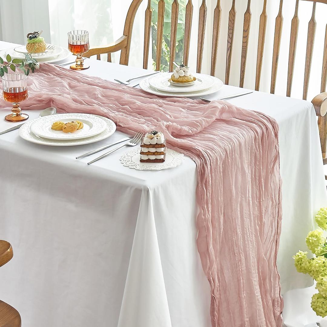 2 Pcs Cheesecloth Table Runner - 10ft Dusty Pink Boho Gauze Cheese Cloth Table Runner for Baby Shower Decoration Wedding Party Summer Garden Farmhouse Table Runner