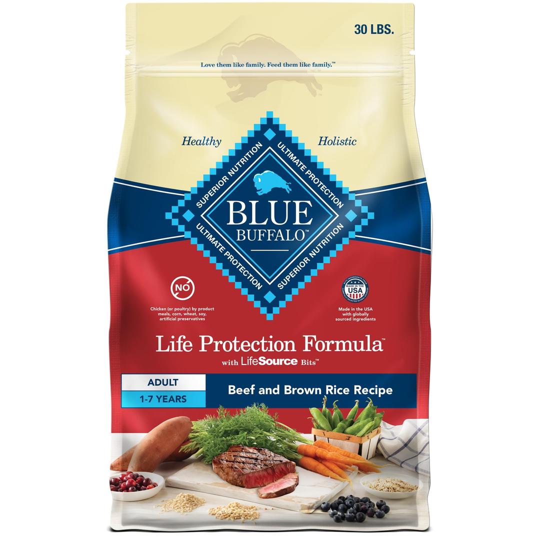 Blue Buffalo Life Protection Formula Adult Dry Dog Food, Helps Build and Maintain Strong Muscles, Made with Natural Ingredients, Beef & Brown Rice Recipe, 30-lb. Bag