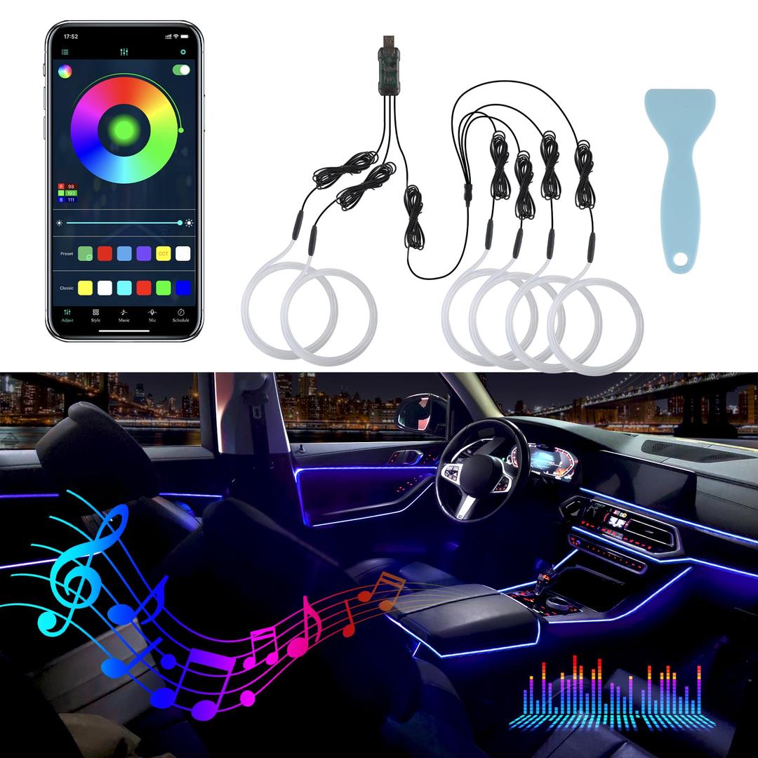 LivTee Smart Car LED Interior Lights with USB Port, LED Strip Fiber Optic Lights, Wireless App Control, Sync to Music, Car Accessories Gifts for Women Men, 6 in 1