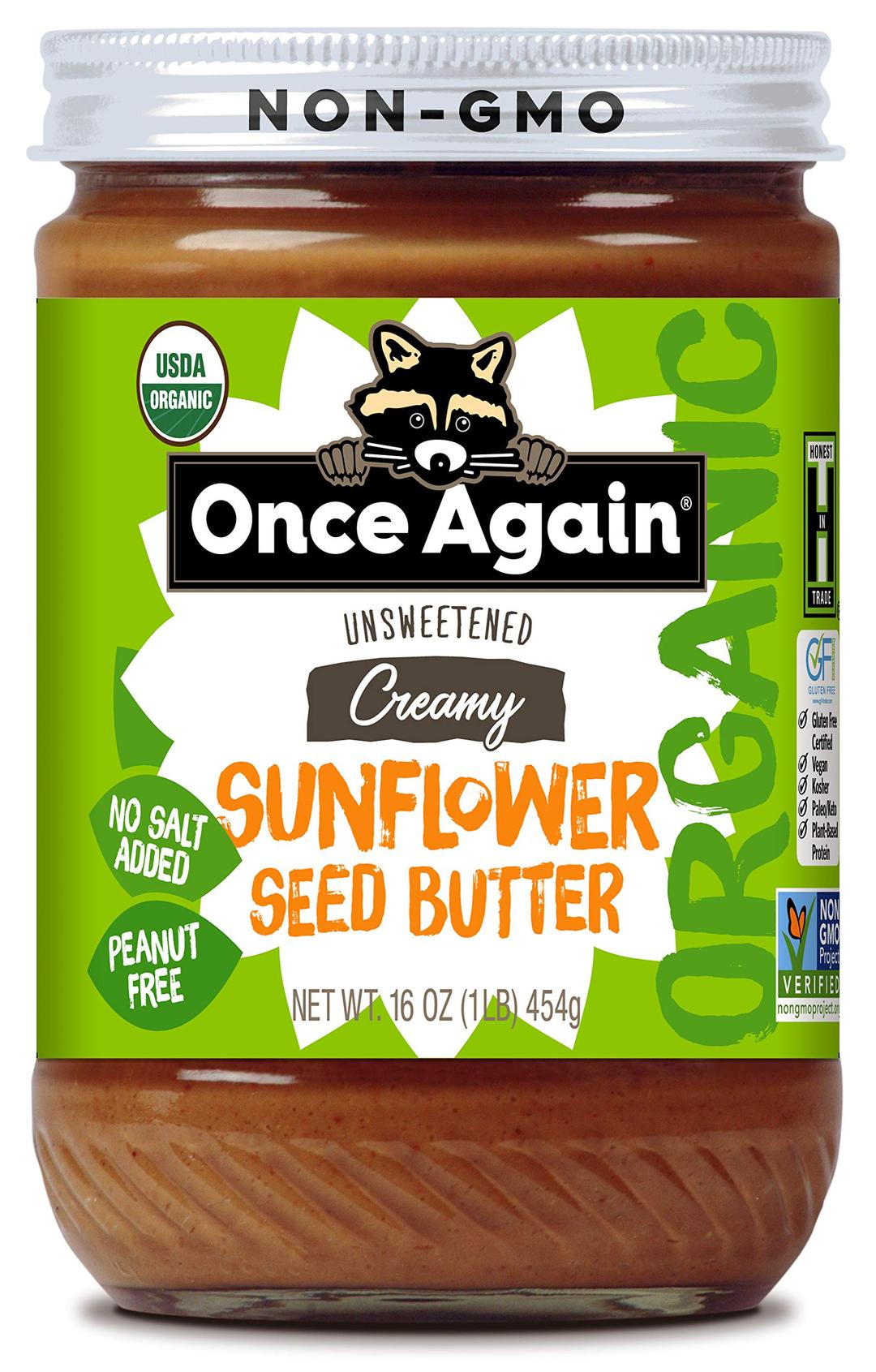 Once Again Organic Creamy Sunflower Butter, 16oz - Salt Free, Unsweetened - Peanut Free, USDA Organic, Gluten Free Certified, Vegan, Kosher - Glass Jar (1 Jar)