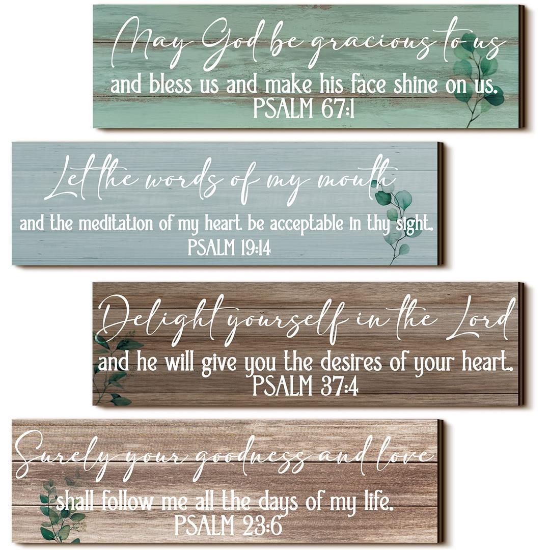 Yulejo 4 Pieces Bible Verses Wall Decor Psalms Scripture Wooden Christian Sign Rustic Wall Art Prayer Decorations for Home (Delicate)