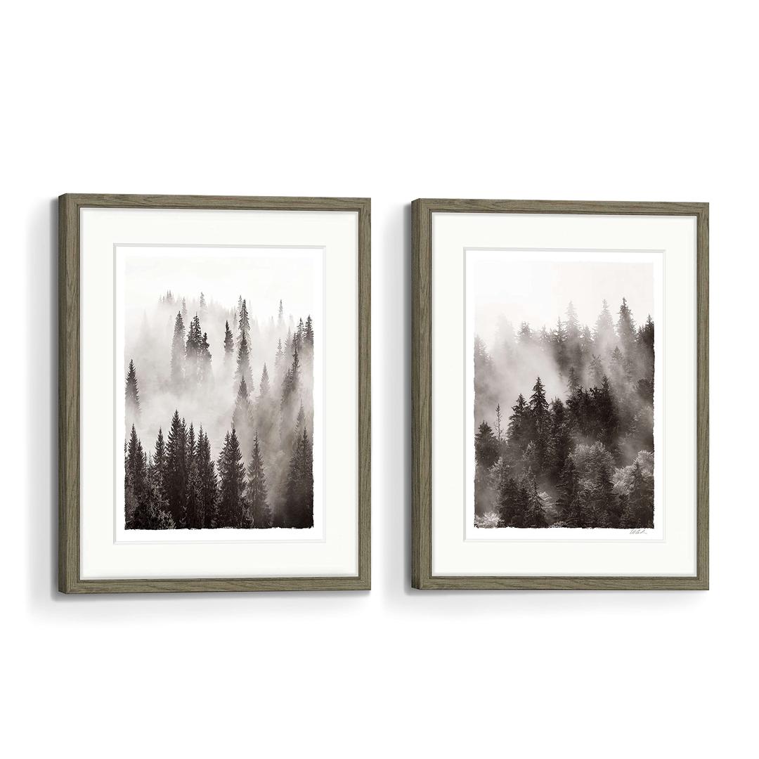 Forest Framed Wall Art Bedroom: Living Room Office Black and White Misty Pine Tree Picture 2 Piece 16x20 Vertical Modern Nature Landscape Painting Artwork Home Mountain Scenery Print