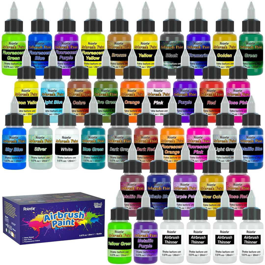 Airbrush Paint, 36 Colors with 4 Thinner Airbrush Paint Set, Water-Based Air brush Paints Acrylic Ready to Spray Includes Metallic & Neon Colors, 20ml/Bottle