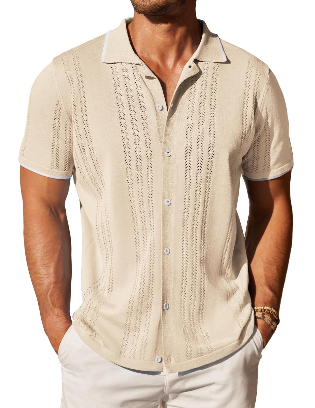 COOFANDY Men's Knit Button Down Shirt Vintage Short Sleeve Polo Shirts Casual Beach Tops