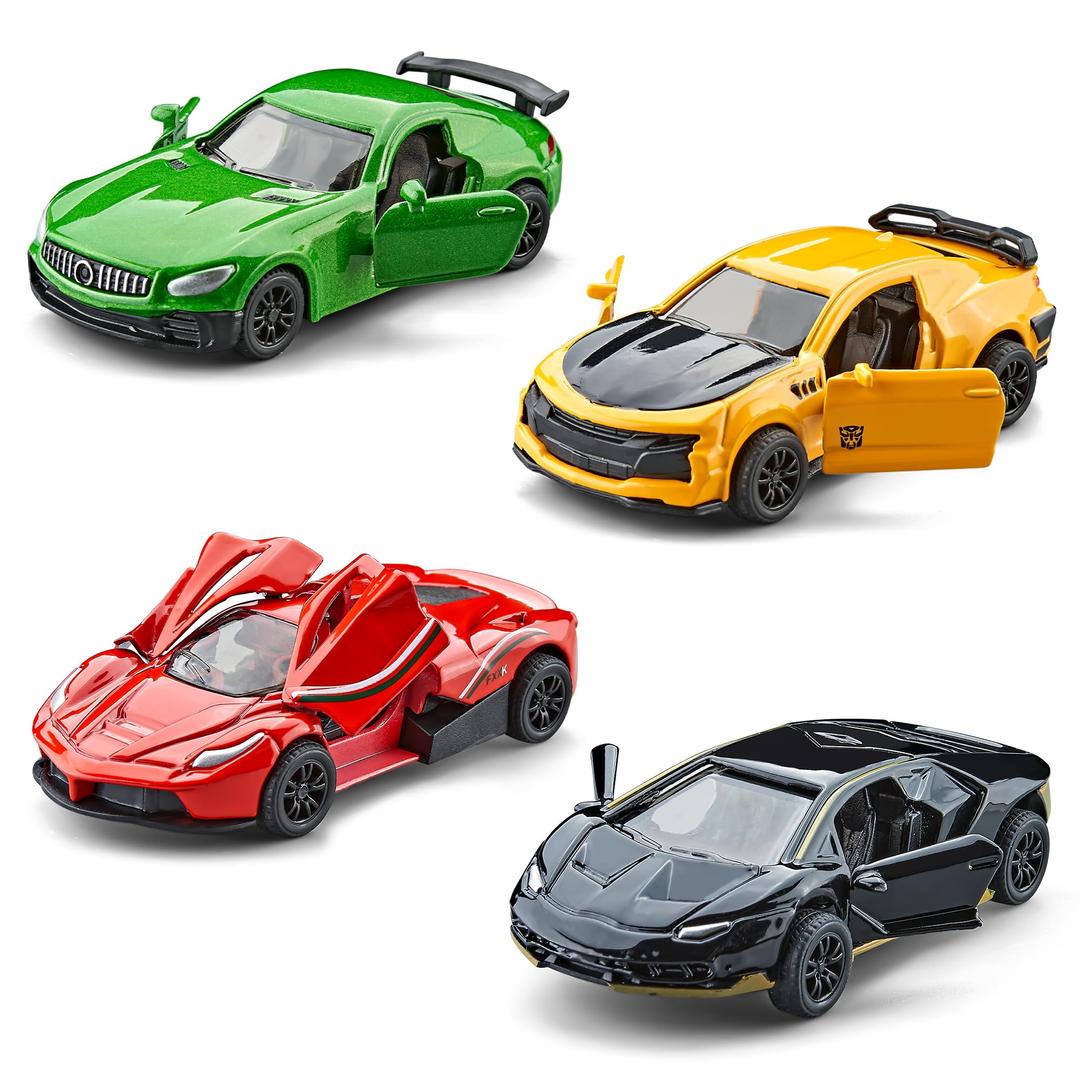 KIDAMI Racing Cars Die-cast Metal Toy Cars Set, Mini Toddler Toy Vehicle with Openable Doors, Pull Back Car, Gift Pack for Kids (4 Pack)