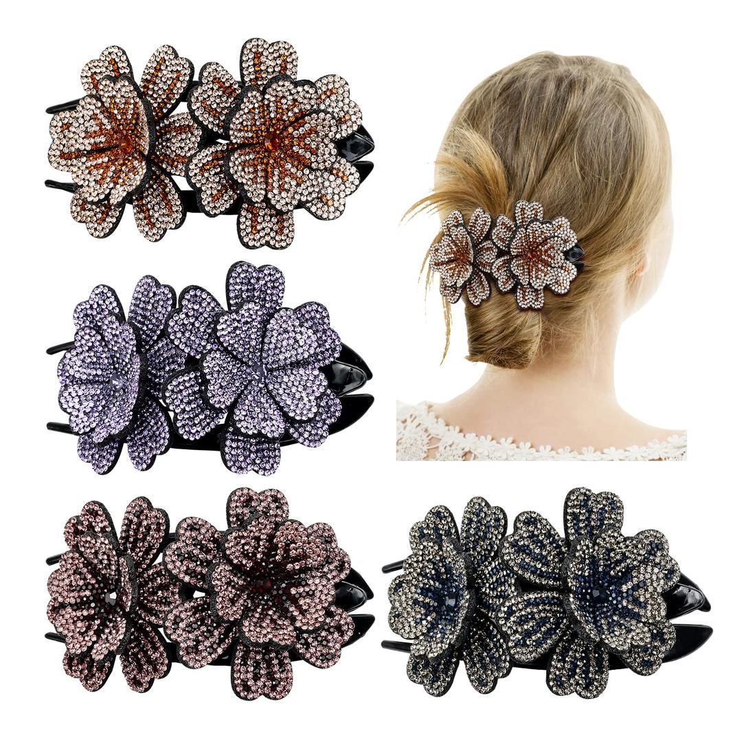 inSowni 4 Pack Luxury Fancy Gems Korean Decorative Glitter Sparkly Crystals Rhinestones Double Flower Hair Claws Clips Plastic Barrettes Hairpin Clamps Hair Accessories for Women Girls Thick Long Hair