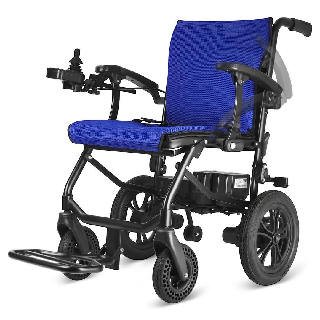 Lightweight Foldable Electric Wheelchair for Adults Seniors 30 Lbs Compact Motorized Wheelchair All Terrain Power Wheelchair with Removable Batteries Liftable Armrest Airline Approved, Blue