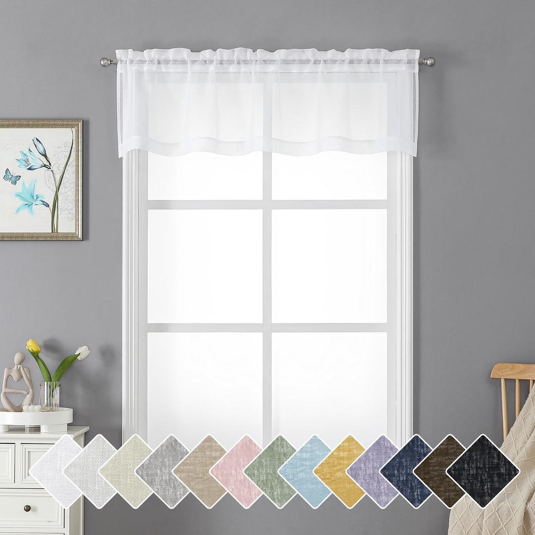 Lecloud Doris Sheer White Curtain Valance 14 Inches Long, Light Filtering Curtain for Bathroom Bedroom Living Room Window, Semi Sheer Small Kitchen Valance with Dual Rod Pockets, 60x14 Inch