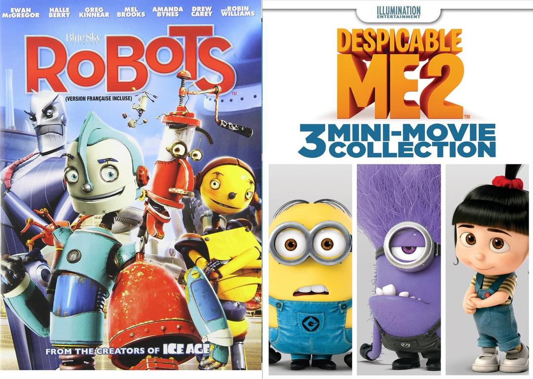 Despicable Me 2: 3 Mini-Movie Collection + Robots Animated Movie DVD Cartoons Family double feature Set