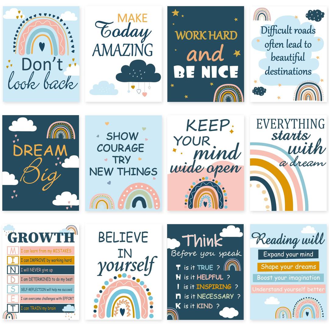 12 Boho Rainbow Inspirational Classroom Posters Bulletin Board Motivational Wall Art Rainbow Decor Signs Growth Mindset Classroom Decorations Posters for Kids Nursery Kindergarten Unframed (8×10)