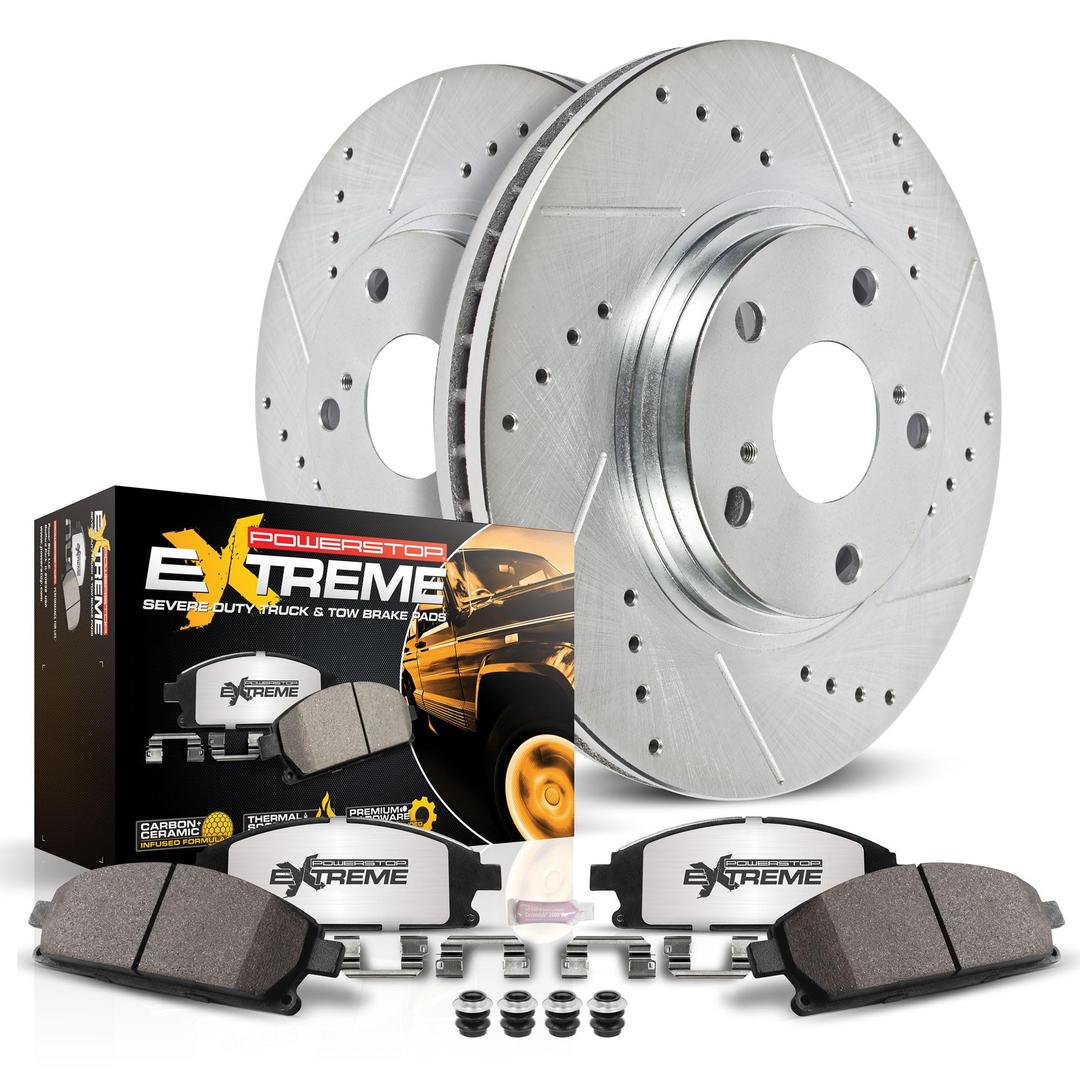 Power Stop Brake Kit For 2021-2022 Cadillac Escalade | 2019-2022 Chevy Silverado 1500 GMC Sierra 1500 Front Z36 Truck & Tow Carbon Fiber Ceramic Brake Pads and Drilled and Slotted Rotors K8172-36