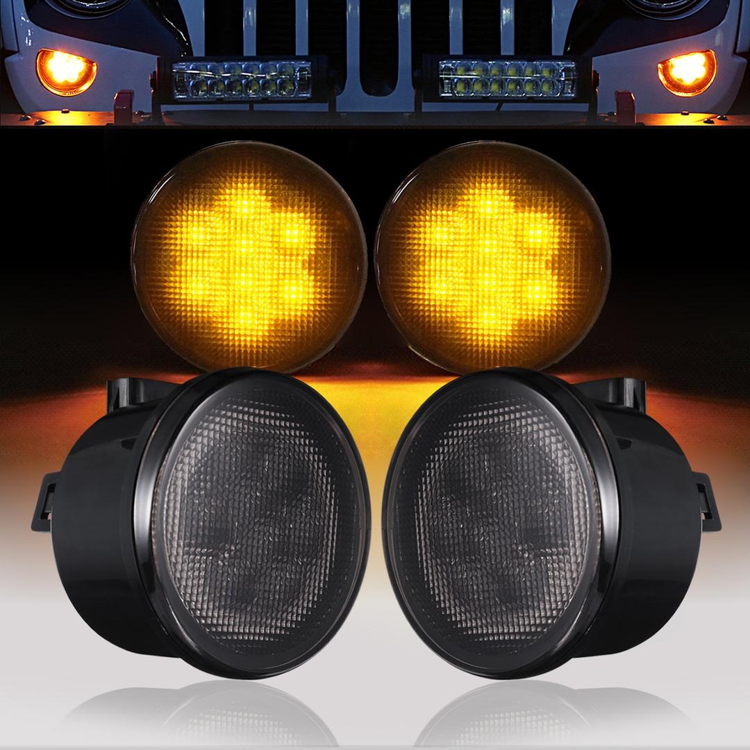 Hooke Road JK Front Turn Signal Lights Indicator Blinker Smoked Amber LED Compatible with Jeep JK Wrangler 2007-2018