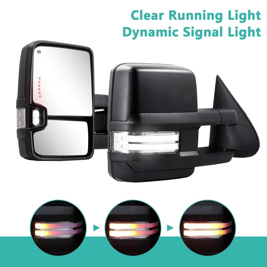 Towing Mirrors Switchback Lights for 2003 2004 2005 2006 2007 Chevy Silverado Suburban Yukon Tahoe GMC Sierra with Turn Signal Light Running Lights Power Glass Backup Lamp Heated (Chrome inside)