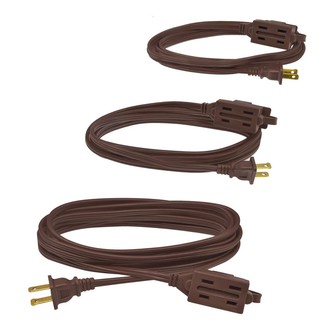 Clear Power 6/9/12 ft (3 Pack) Indoor Extension Cord, Brown, 3 Outlets with Safety Cap, 2 Prong Polarized Plug, Perfect for Homes, Offices, and Kitchens, 3 Variety Pack, DCIC-0216-DC