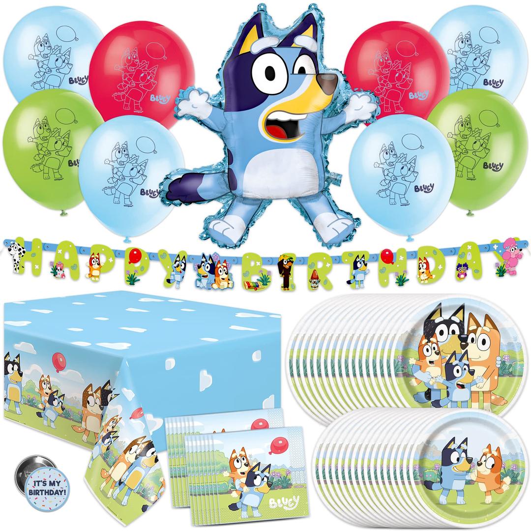 Unique Bluey Birthday Party Supplies | Bluey Party Supplies | Bluey Birthday Decorations | Bluey Party Decorations | With Bluey Balloons, Banner, Tablecover, Bluey Plates, Bluey Napkins, Button