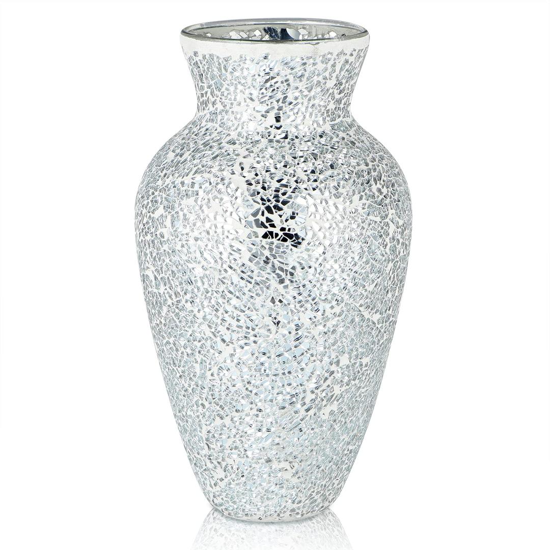 MDLUU Mosaic Vase 11" Tall, Handcrafted Cracked Glass Vase, Decorative Flower Vase for Home Decor, Wedding, Table Centerpiece, Gift (Silver)