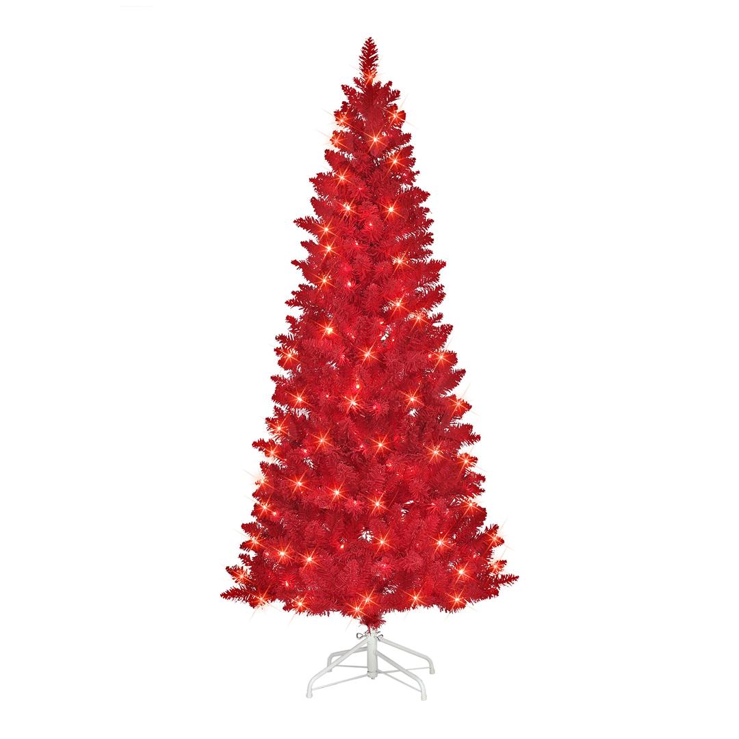 6.5 ft Pre-lit Flocked Fashion Red Tree, 475 Tips, 200 UL Clear Incandescent Lights