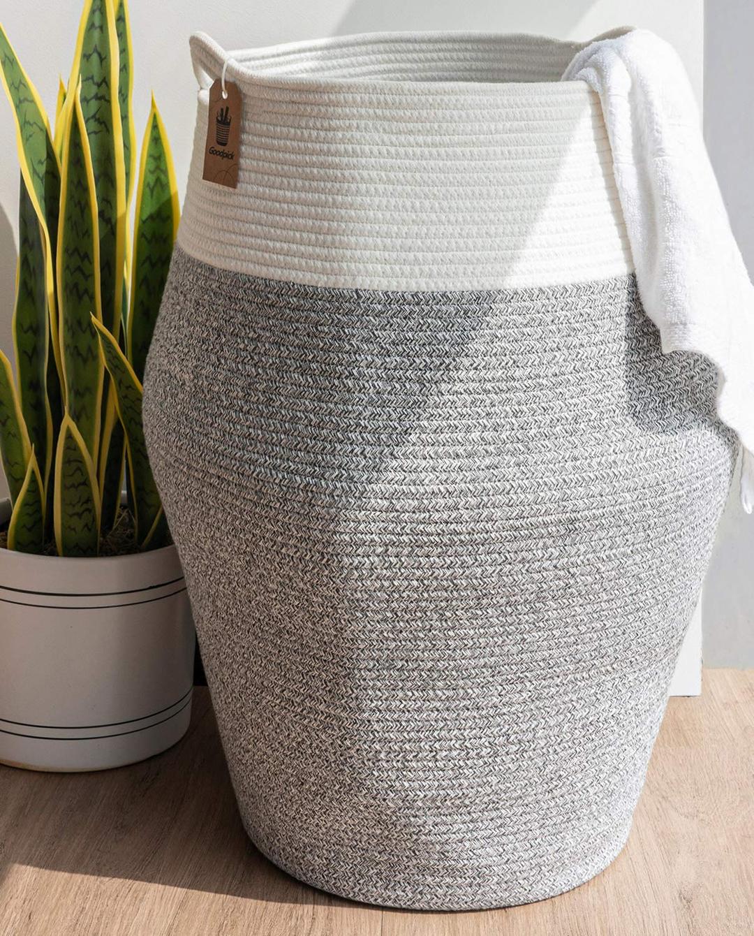 Goodpick Large Laundry Basket Woven Clothes Basket Cotton Rope Hamper Tall Laundry Storage for Blankets Pillow Basket in Living Room, Modern Curve Bucket 65cm Height