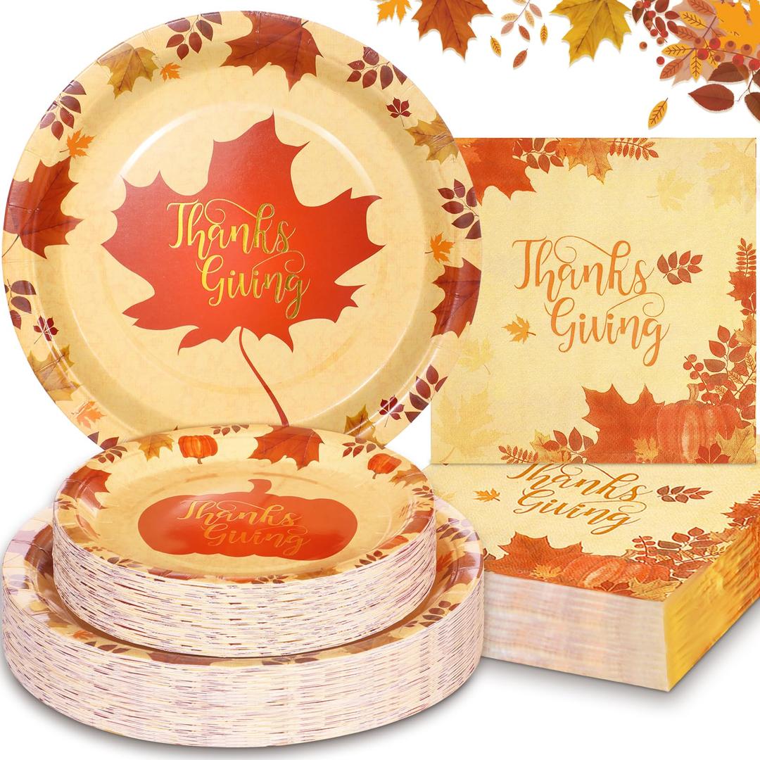 150PCS Thanksgiving Paper Plates, Thanksgiving Plates and Napkins Sets Serve 50 Guests, Fall Paper Plates Disposable with Pumpkin and Maple Leaves for Thanksgiving Autumn Harvest