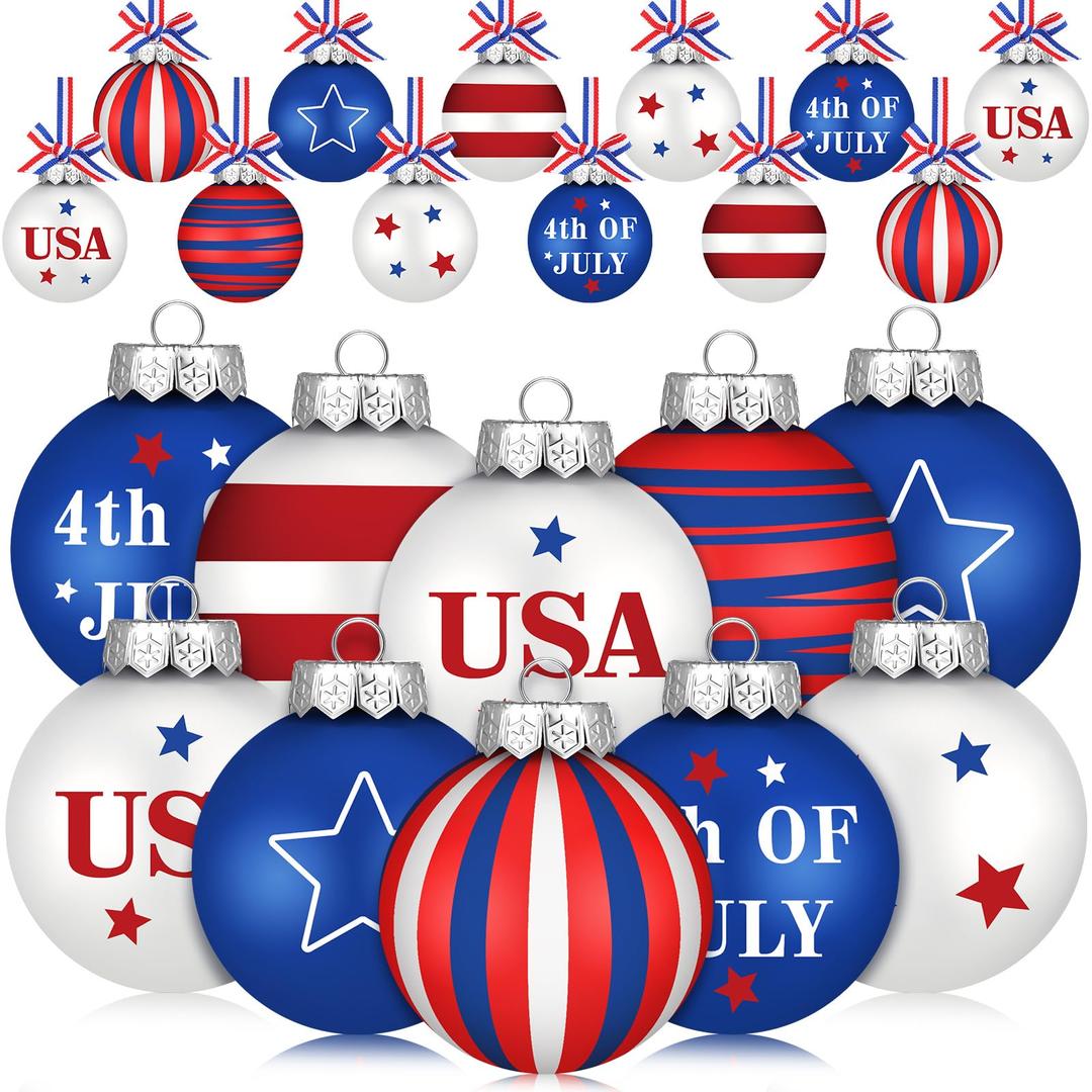 24 Pcs 4th of July Tree Ornament Red White and Blue Patriotic Ball Decorations Plastic Flag Day Hanging Ornaments USA Star Ornaments Independence Day Decorations for Home Small Tree Party