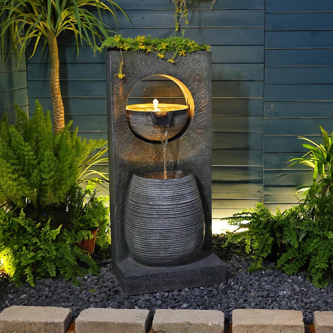 Water Fountain Outdoor Indoor - Modern Waterfall Garden Freestanding Fountain Curved Surface Artistry Design with LED Lights and Light Strip for Home Decor Patio Yard Pool,37.4 inches Tall